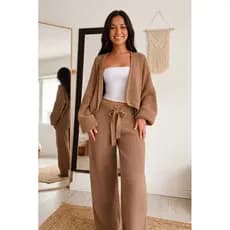 Conjunto Tricot Fio Mousse Luxo Feminino Inverno 2026 Bege – Cardigan + Calça Com Cordão Ajustavel  Blogueira