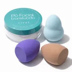 Kit Maquiagem 1 Pó Facial Translúcido Vivai + 3 Esponjas Médias Pele Linda e Uniforme