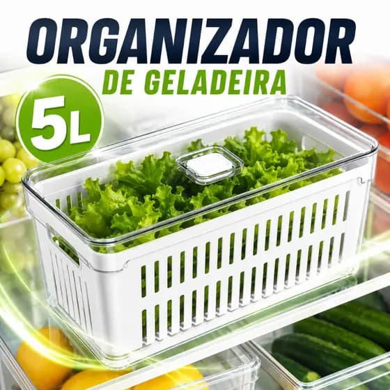 Organizador de Geladeira 5L com Cesto De Drenagem Tampa Clear Fresh Acrílico Frutas Legumes Vegetais