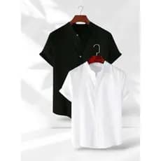 Kit 2 peças camisa masculina gola pastor social casual linho algodão manga curta moda lux