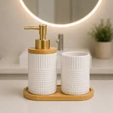 Kit Banheiro Lavabo Completo Porta Sabonete Liquido Dispenser Porta Escova de Dente Cerâmica Luxo