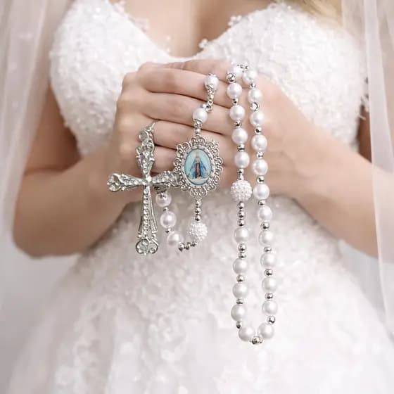 Terço De Noiva Casamento Nossa Senhora De Aparecida Banhado Prata 66Cm Mês Das Noivas