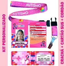 Kit Completo Crachá autismo Rosa + Cordão Premium Austista + Cartão do Sus Tudo Personalizado - ENVIO RÁPIDO