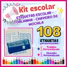 Kit 108 Etiquetas Escolar Personalizadas + 1 Toalha Personalizada + 1 Chaveiro Mochila Personalizado