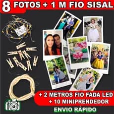 Kit Presente Dia dos Namorados: 8 Mini Fotos Estilo Retrô + Varal Led 2m + 10 Prendedores + Sisal - Envio Rápido
