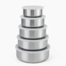 Jogo 5 Potes Tigelas em Inox Alumínio Com Tampa Redondo Armazenar Comida Cozinha Marmita Guardar Alimento