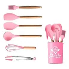 Kit 6 Colheres De Cozinha Em Silicone Com Cabo Em Madeira