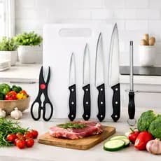 Kit Jogo 7 Peças Facas Aço Inox com Tábua + Tesoura Cozinha Gourmet Luxo