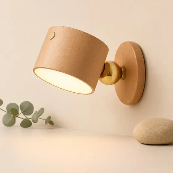Arandela Luminaria LED Parede Sem Fio Magnetica Madeira Touch 360 Recarregavel USB Giratoria Nordica Sem Furos Portatil