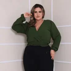 Blusa Cropped Decote V Transpassado Manga Longa Plus Size Bufante Soltinho Elegante Moda Evangélica