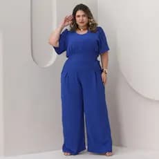 Macacão Longo Feminino Decote V Acinturado Plus Size Calça Pantalona Social Soltinho Casual