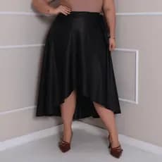 Saia Plus Size Transpassada Courino Midi Elegante Caimento Leve