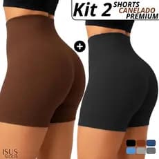 Kit 2 Shorts Canelado Cintura Alta Sem Costura para Academia Zero Transparencia Feminino Fitness