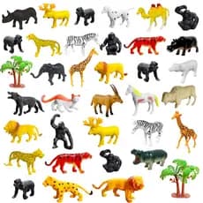 Kit Animais da Selva com 34 bichos de plástico Maciço e 2 Arbustos Figuras de Ação