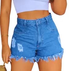 Short Jeans Feminino Azul Cintura Alta Botão Coberto Zíper Ruídos Barra Desfiada 100% Algodão
