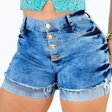 Short Jeans Feminino Azul Com Lycra Botões Dourados Barra Dobrada Cintura Alta Cós Alto