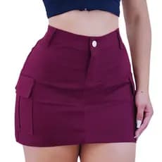 Saia Jeans Feminina Cargo Com Lycra Cintura Alta Zíper Bolso Lateral Levanta Bumbum Blogueira