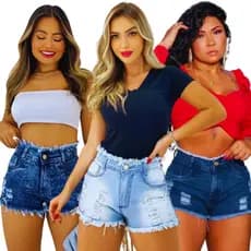 Kit 3 Short Jeans Femininos Cintura Alta Desfiado Botão Dourado Zíper Barra Destroyed Cós Alto