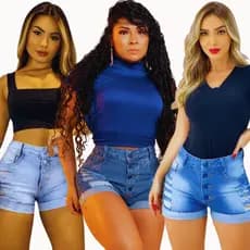 Kit 3 Shorts Jeans Femininos Modeladores Hot Pants Cintura Alta Lavagem Clara Bolso Fake