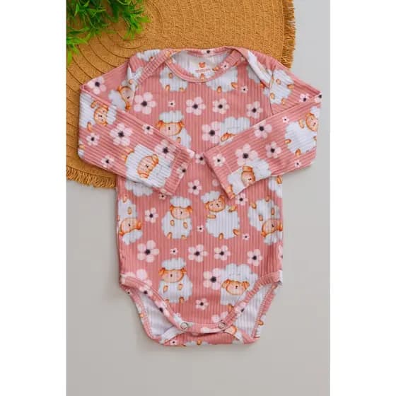 Body Bebê Longo Canelado Ovelha Rosa