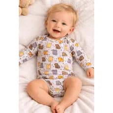Body Bebê Longo Gatinhos Cinza