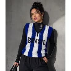 Blusa feminina tricô Brasil Listrada Azul e Branca Manga Japonesa Decote V