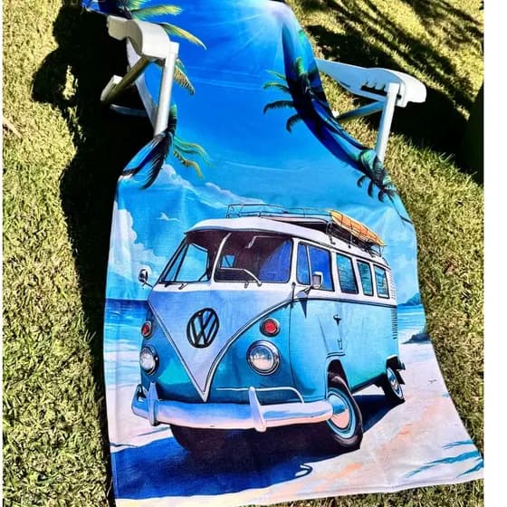 Toalha de Banho Praia KOMBI Praia Piscina Felpa Estampada LEVE Macia e Absorvente - MODA PRAIA Grande 70x140cm ,