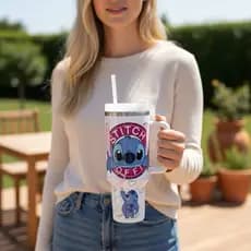 Copo 1200ml Caneca Térmica Com Alça E Canudo Stitch Disney