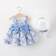 Vestido floral estampado fresco diário doce vestido de princesa com laço e Chapéu 12 Meses