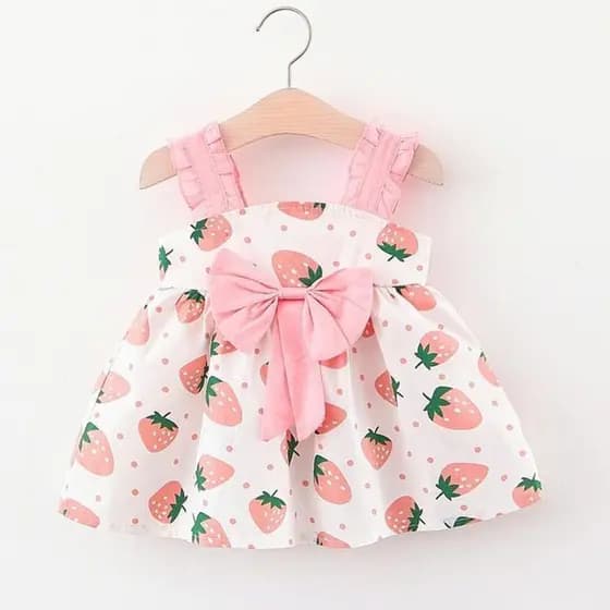 Vestido estampado de morango com alça de bebê, laço grande, pano de algodão, vem com o  chapéu de presente