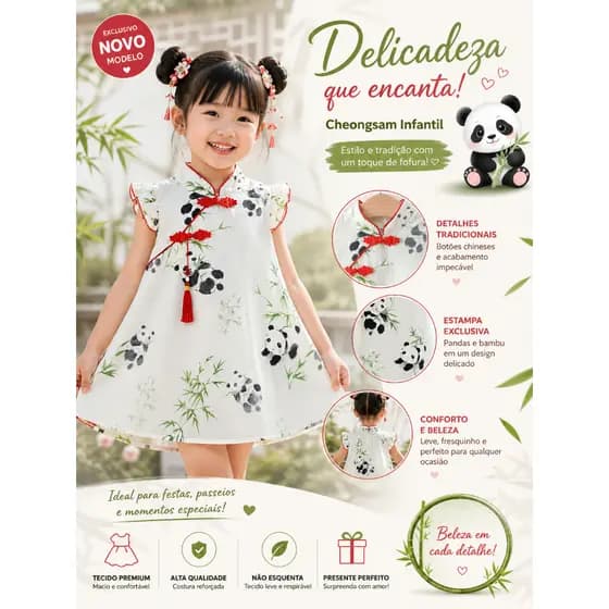 Vestido Qipao Cheogsam Pandas Animados Tamanho 1 ano