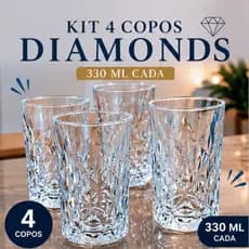 Jogo de Copos de Vidro 330ml Kit com 4 Unidades Copos Transparentes Luxo para Água Suco Refrigerante