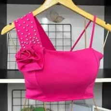 Cropped  Top Flor Neoprene Com Bojo Moda Feminina Tendencia Verão 2025.