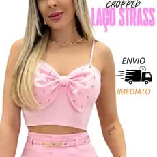 Cropped Feminina Blusa Laço Strass Brilho Pedraria Nordestina Balada Moda 2025.