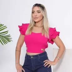 Blusa Feminina Cropped com Bojos  duas Mangas babadas y Plissada com aros dourados