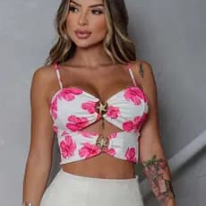 Cropped Maravilhoso  Feminino Top Estampa Floral Com Bojo Neoprene Moda  Verão 2025