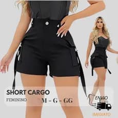 Short  Cargo  Preto Cintura Alta Feminina Tecido Alfaiataria Versatil Moda Elegante Blogueira 2026