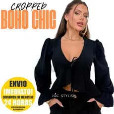 Blusa Feminina Estilo Boho  Chic Babado Manga Longa Com Bojo✅