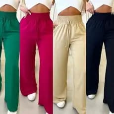 Calça Pantalona com Elástico Grosso Cintura Alta com Bolso Vitoria no Tecido Duna Moda Feminina.