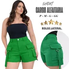 Short Cargo Alfaiataria Feminino Cintura Alta com Bolsos Laterais P M G GG