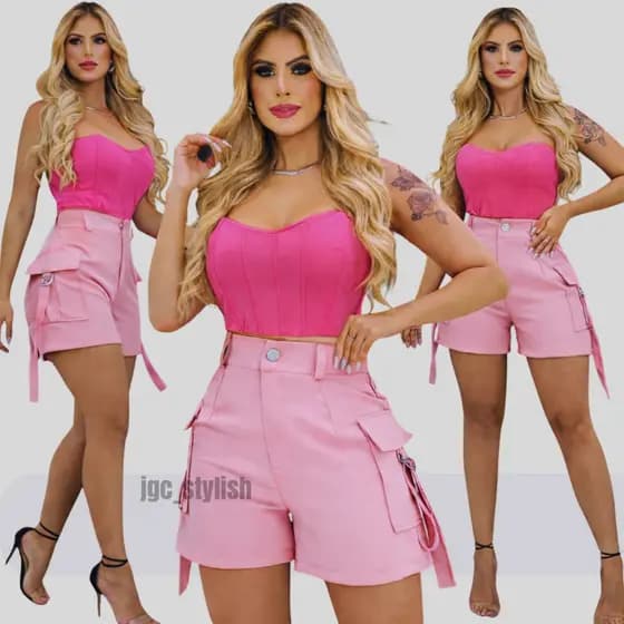 Short Cargo Feminino Cintura Alta com Bolsos Confortável Moda Verão