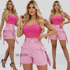 Short Cargo Feminino Cintura Alta com Bolsos Confortável Moda Verão