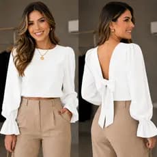 Blusa Feminina Elegante Manga Longa Mais Vendido Bufante com Laço nas Costas  Moderna