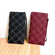 Primeira camada de couro bordado linha dupla diamante carteira longa senhoras moda estilo fino zíper embreagem moeda bol
