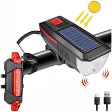 Farol De Bicicleta Recarregamento Placa Solar Bike Luz Led + Lanterna De Quadro Sinalizador Traseiro
