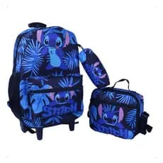 Kit Mochila de Rodinha + Lancheira + Estojo Normal Stitch volta as aulas