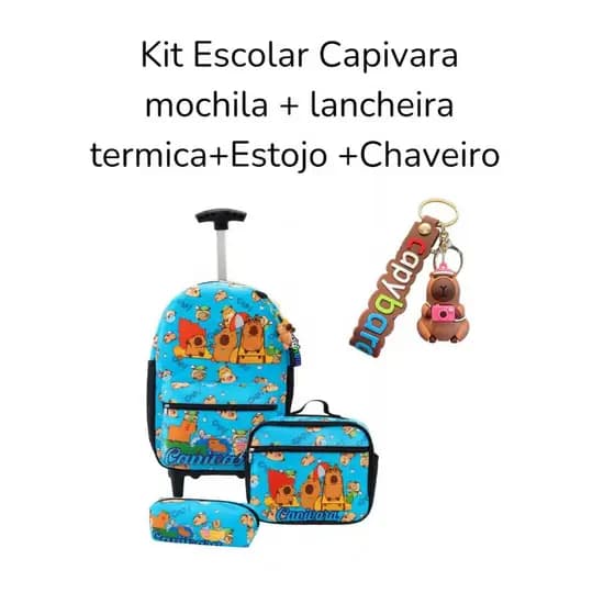 Kit Mochila de Rodinha + Lancheira + Estojo 3 Peças Capivara Capybara Tendência 2025 Volta Às Aulas