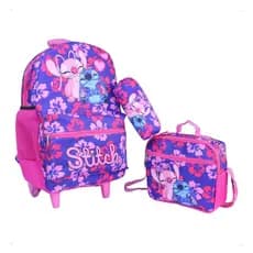 Kit Mochila de Rodinha + Lancheira + Estojo Normal Stitch