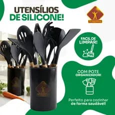 Utensílios Cozinha Preto 12 Peças Silicone Cabo Madeira Funcional Cores Sortidas