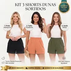 Kit 3 Shorts Feminino Dunas Sortidos Premium Verão Varias Cores Sem Bolso Confortável Modela Cintura Cós Alto